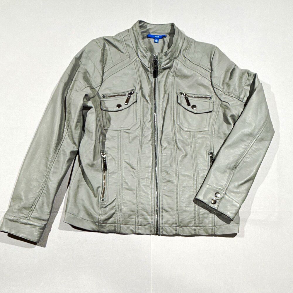 Apt. 9 Jacket Womens L Gray Faux Leather Zip Front Band Collar Long Sleeve
